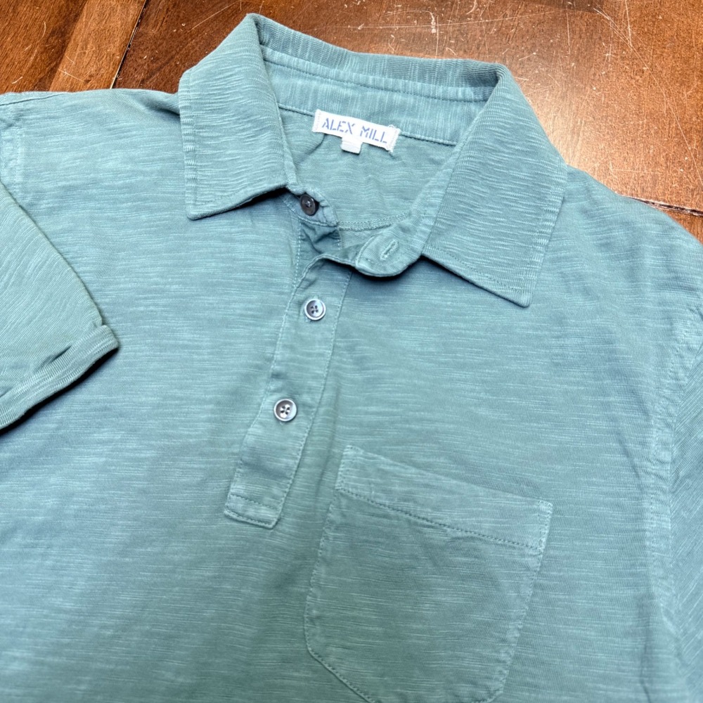 Alex‎ Mill Polo Shirt Mens Small Green Slub Cotton Short Sleeve Pocket